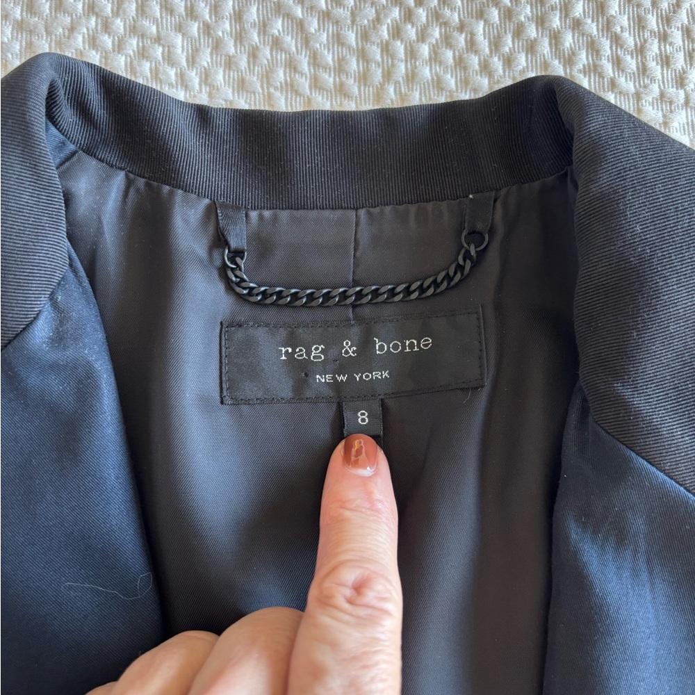 Rag & Bone Navy Jacket with Black Grosgrain collar and faux pockets.